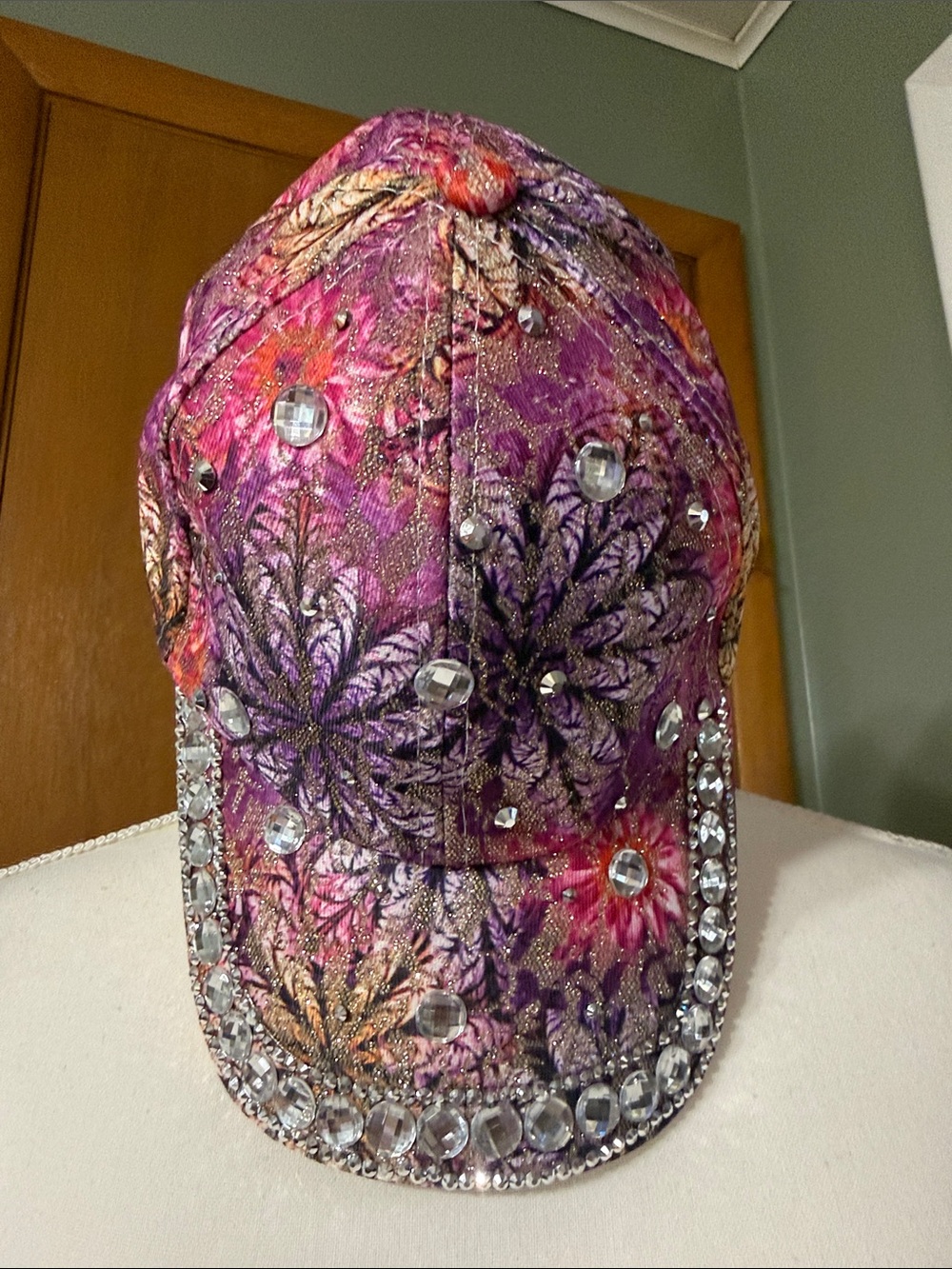 Embellished Purple and Pink  Floral Crystal Baseball Cap - Women